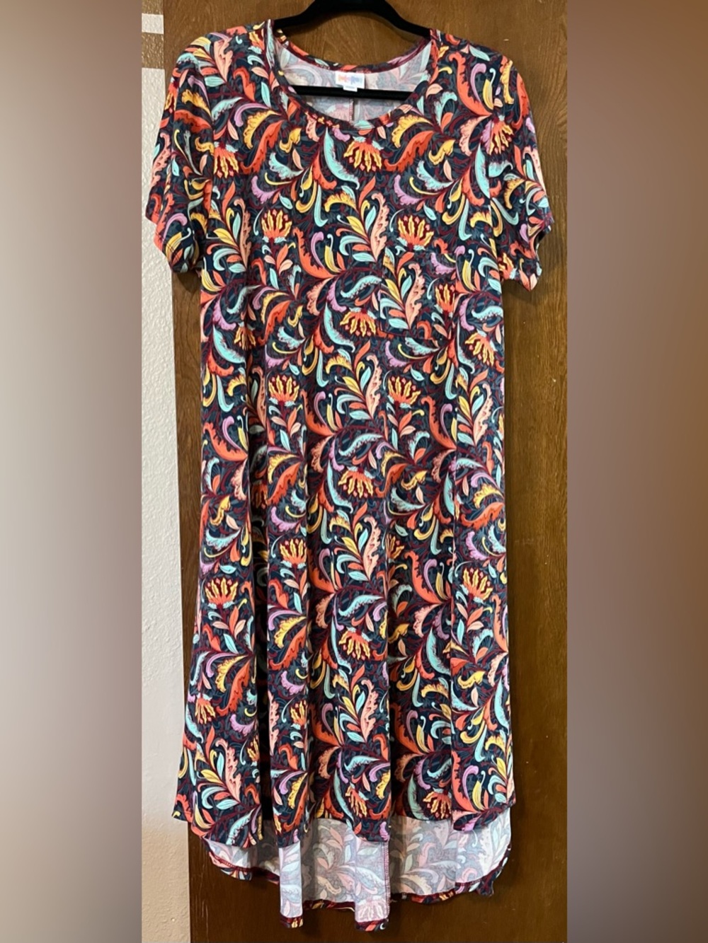 LuLaRoe Carly Floral Paisley Dress in Coral, Teal, Yellow & Black
